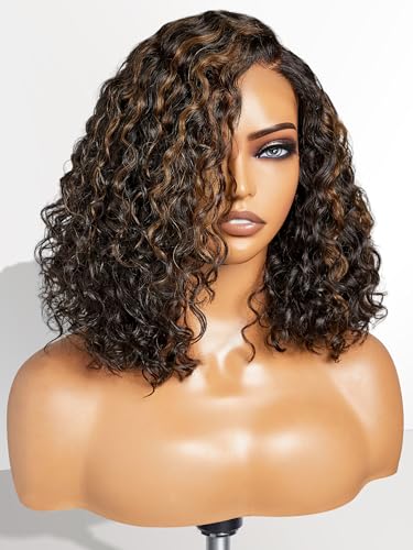 LUVME HAIR 12\" Curly Glueless Wigs Human Hair Pre Plucked Pre Cut Undetectable HD Lace Curly Bob Wig Human Hair Short Black Wig with Blonde Highlights Ready to Go Wig 180 Density
