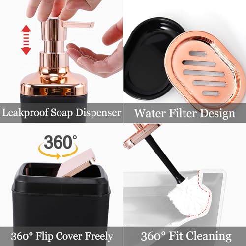 Black Bathroom Accessories Sets Complete 9-Piece Bathroom Accessory Set with Trash Can Vanity Tray Soap Dispenser Soap Dish Toothbrush Holder Toothbrush Cup Toilet Brush and Qtip Holders