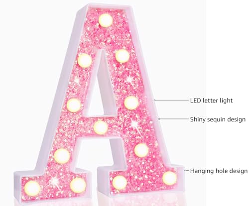 Pooqla LED Marquee Letter Lights Light Up Pink Letters Glitter Alphabet Letter Sign Battery Powered for Night Light Birthday Party Wedding Girls Gifts Home Bar Christmas Decoration Pink Letter A