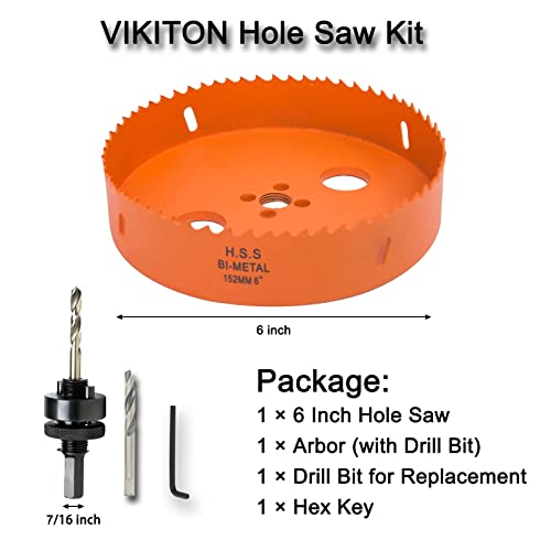 VIKITON 6 Inch Hole Saw with Arbor for Metal Wood and Plastic Cutting 152mm Bi-Metal Hole Cutter for Different Project with Smooth and Flat Drilling Edge Fast Chip Removal Handy Hole Saw Kit Set