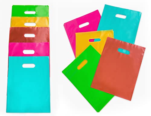 Choice Marts 100 Multicolor Goodie Bags 9\"x12\" Size Merchandise Bags 5 Colors in Total: Pink Teal Gold Lime Green Red Goody Bags and Party Bags and Favor Bags