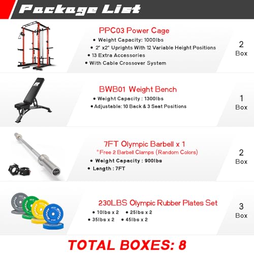 RitFit Multi-Function Garage & Home Gym Package Includes 1000LBS Power Cage PPC03 with Cable Crossover System Weight Bench Olympic Barbell Weight Set Full Body Workout -OR CL Bumper Plate 230lbs