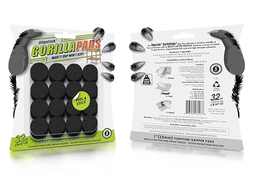 GorillaPads 1 Inch Non-Slip Furniture Pads/Gripper Feet Skids (Set of 32) Self Adhesive Rubber Floor Protectors Round Black CB147-32
