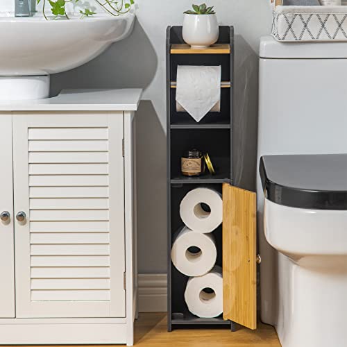 Bathroom Storage Cabinet for Small Spaces Toilet Paper Cabinet with Toilet Paper Roll Extender Great for Toilet Paper Black-Bamboo by AOJEZOR