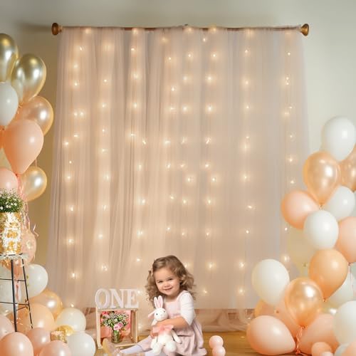 PARTISKY 20x10ft Champagne Tulle Backdrop Curtain with Lights String for Parites Sheer Backdrop Curtains for Wedding Baby Shower Birthday Party Photo Shoot Decorations