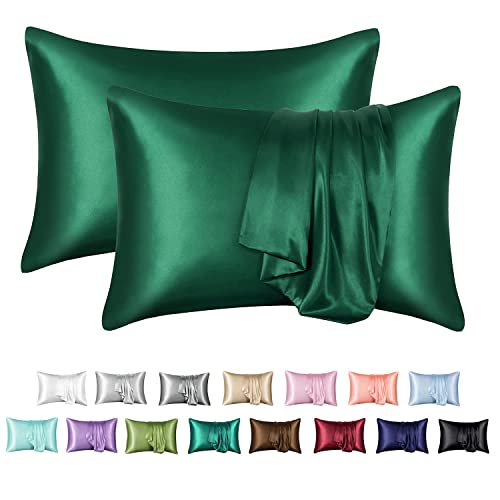 MR&HM Satin Pillowcase for Hair and Skin Silk Satin Pillowcase 2 Pack Queen Size Pillow Cases Set of 2 Silky Pillow Cover with Envelope Closure (20x30 Dark Green)