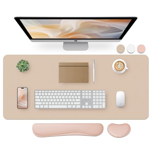 Bloss Leather Desk Pad and Keyboard Wrist Rest Large Mouse Pad + Keyboard Pad+Mouse Wrist Support Non-Slip Desk Mat Protector for Office Home (35.4×15.7 Inches Beige)