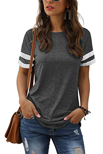 Adibosy Women Summer Casual Shirts: Short Sleeve Striped Tunic Tops - Womens Loose Round Neck Tee Tshirt Blouses Dark Grey M