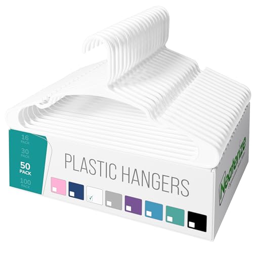 NEATERIZE Clothes Hangers Plastic 50 Pack for Adults - Plastic Hangers The Perfect Coat Hanger and Space Saving Clothes Hangers for Closet Percheros Ganchos para Colgar Ropa Hangars - White Hangers