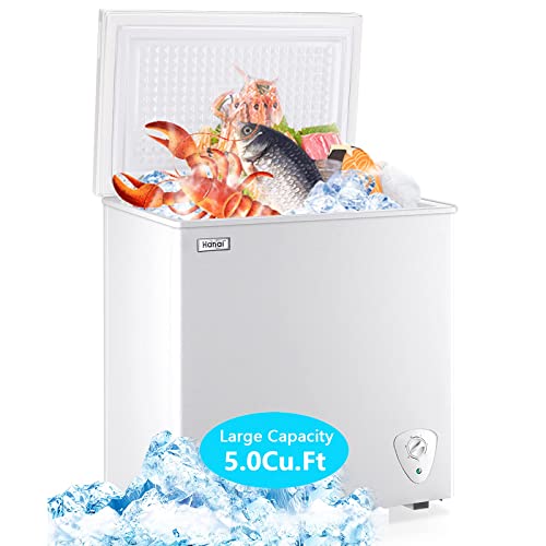 Chest Freezer Deep Freezer 5.0 Cu.Ft Mini Freezer White Free-Standing Top Door Freezer Adjustable 7 Thermostat and Removable Basket Open Deep Freezer Energy Saving Garage Basement Apartment Kitchen