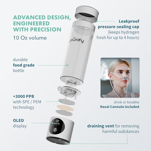 PIURIFY - 9.5 Oz Hydrogen Water Bottle Generator - up to 4100ppb Easy to use Hydrogen Water Machine with Advanced SPE/PEM Technology Water Ionizer Hydrogenated Water Hydro Water Bottle (Silver)