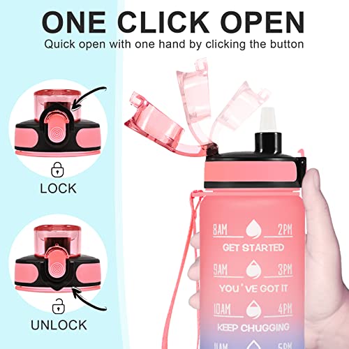 Enerbone 32 oz Water Bottle Leakproof BPA & Toxic Free Motivational Water Bottle with Times to Drink and Straw Fitness Sports Water Bottle with Strap for Office Gym Outdoor Sports Pink-Blue