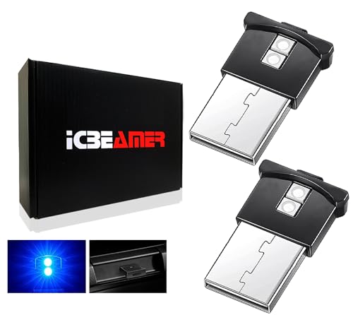 ICBEAMER 2 pcs Mini Smart USB Type-A | Color: Blue | LED Night Light for Car Interior Trunk Center Console. Easy Plug-in Enhance Automotive Ambiance Perfect for Night Use.