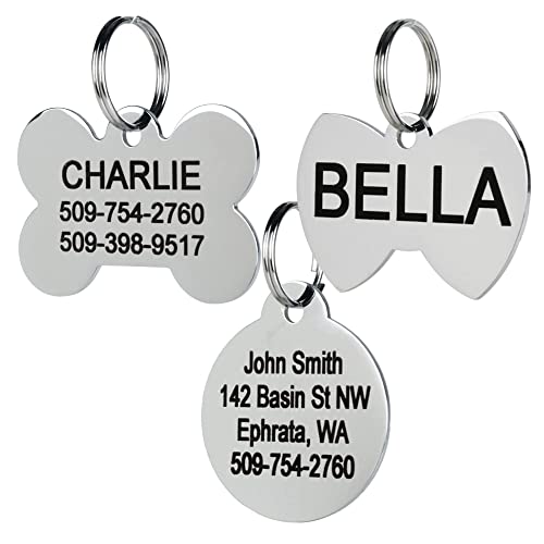 Stainless Steel Pet ID Tags Personalized Dog Tags and Cat Tags up to 8 Lines of Custom Text Engraved on Both Sides in Bone Round Heart Bow Tie Flower Star and More