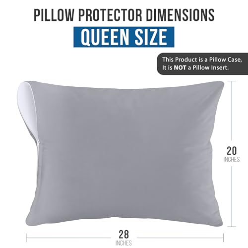 Utopia Bedding Waterproof Pillow Protectors Zippered (2 Pack Grey) Queen Size Zippered Pillowcases Bed Bug Proof Pillow Encasement Covers 20 x 28 Inches