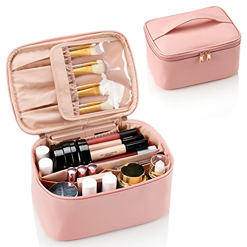 OCHEAL Pink Makeup Bag Travel Makeup Organizer Bag Large Capacity Cosmetic Bags For Women Large Travel Toiletry Bag Girls Traveling With Brush Slot And Divider