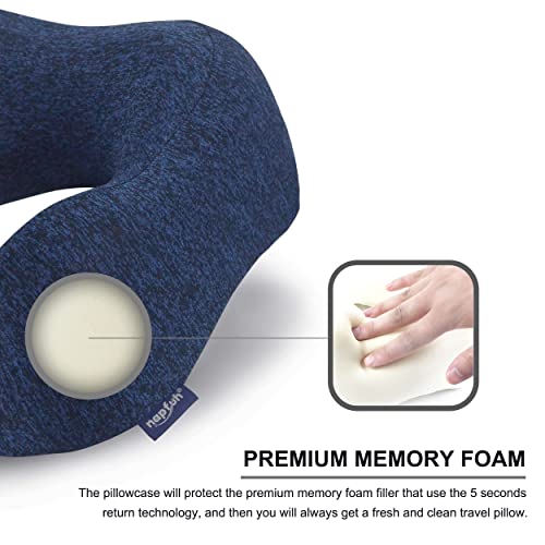 napfun Neck Pillow for Traveling Upgraded Travel Neck Pillow for Airplane 100% Pure Memory Foam Travel Pillow for Flight Headrest Sleep Portable Plane Accessories Full Dark Blue Medium (120-200LB)