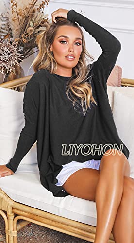 LIYOHON Oversized T Shirts for Women Tunic Tops to Wear with Leggings Long Sleeve Fall Sweaters Dressy Tops Black-M