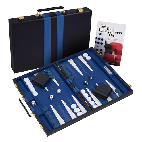 Get The Games Out Top Backgammon Set - Small Travel Size Classic Board Game Case - Best Strategy & Tip Guide (Blue Small)