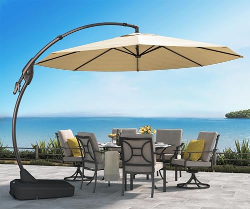 Grand patio 12 FT Sunbrella Cantilever Umbrella with Base Outdoor Aluminum Offset Umbrella Round Shade with Tilt Adjustment (Flax 12 FT-SUNBRELLA)