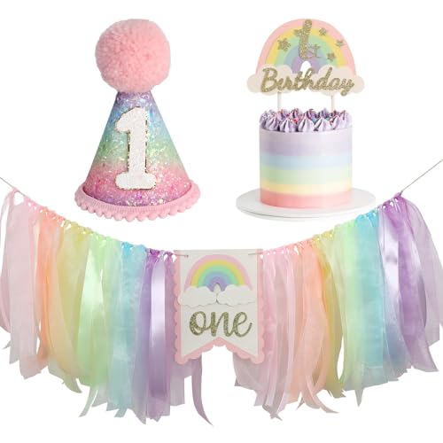 JUIIZAY Macaron First Birthday Party Decorations Pastel Rainbow High Chair Banner Crown Cake Topper For Girl 1st Birthday Decor