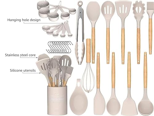 Umite Chef Kitchen Cooking Utensils Set 24 pcs Non-stick Silicone Cooking Kitchen Utensils Spatula Set with Holder Wooden Handle Silicone Kitchen Gadgets Utensil Set (Khaki) …