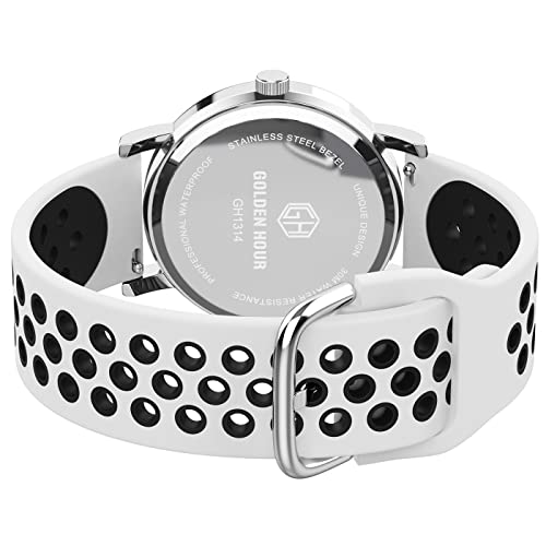 GOLDEN HOUR Waterproof Nurse Watch for Medical Professionals Students Women Men - Military Time Luminouse Easy Read Dial 24 Hour with Second Hand Colorful Silicone Breathable Silicone Band in White