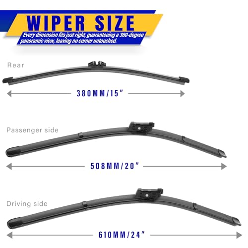 Rooppa 3 wipers Replacement for 2016-2022 Volvo XC90 Windshield Wiper Blades Original Equipment Replacement - 24\"\"/20\"\"/15\"\" (Set of 3) Top Lock