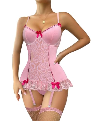 Lilosy Sexy Bows Ruffle Bustier Corset Underwire Push Up Floral Lace Mesh Sheer Babydoll Maid Lingerie Women Teddy Bodysuit Set Nightshirt See Through Boudoir Outfits Garter 3 Piece Pink Large