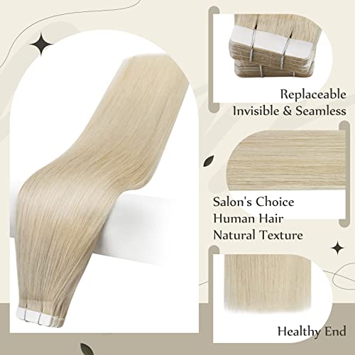 Full Shine Tape in Hair Extensions Platinum Blonde Color 60 Brazilian Remy Human Hair Tape ins 20 Inch Seamless Pu Tape in Hair 50g 20 Pcs Tape ins Human Hair Extensions Soft Human Hair