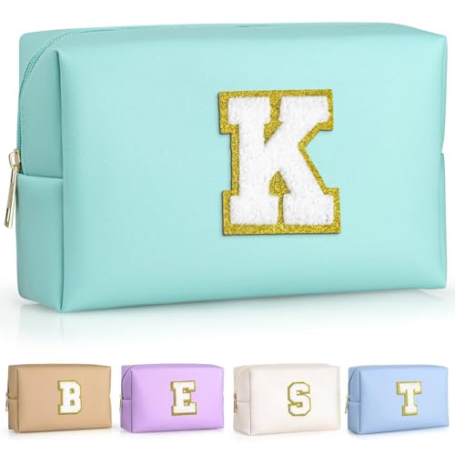 TOPEAST Initial Cosmetic Bag PU Leather Waterproof Travel Toiletry Bag Monogrammed Gifts for women Personalized Birthday Gift for Sister Friends Cute Stuff for Girls (Blue K)