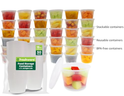 Freshware Food Storage Containers Plastic Deli Containers with Lids Slime Soup Meal Prep Containers | BPA Free | Stackable | Leakproof | Microwave/Dishwasher/Freezer Safe 16 oz 50-Set