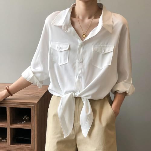 Womens Button Down Shirt V Neck Tie Front 3/4 Sleeve Office Shirt Business Date Blouse Tops White