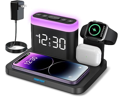 Wireless Charging Station 5 in 1 Charger Stand with Alarm Clock 7 Night Lights Charging Dock for iPhone 14/13/12/11/Pro/Max/XR/XS/X/Samsung Phone Apple Watch 8/7/6/5/SE AirPods Pro/3/2/1
