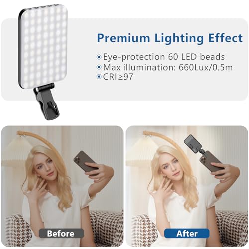 60 LED Videolicht Selfie Licht mit Tragbarer Klemme & Kamerastativ Wiederaufladbar 2200mAh CRI 97+ 3 Lichtmodi für iPhone Handy Webcam Zoom Streaming Laptop Foto Make-up Computer