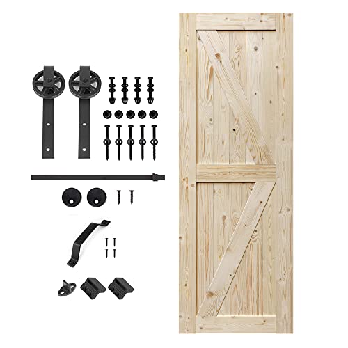 S&Z TOPHAND 28 in. x 80 in. Unfinished British Brace Knotty Barn Door with 5FT Sliding Door Hardware Kit/Solid Wood/Sliding Door/Double Surfaces/Simple Assembly is Required(28 Big Wheel Matte Black)
