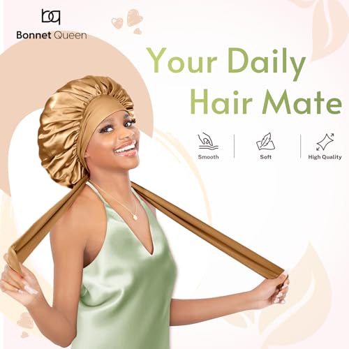 BONNET QUEEN Silk Bonnet for Sleeping Women Satin Bonnet Hair Bonnet Night Sleep Cap Scarf wrap for Curly Hair with tie Band Gold