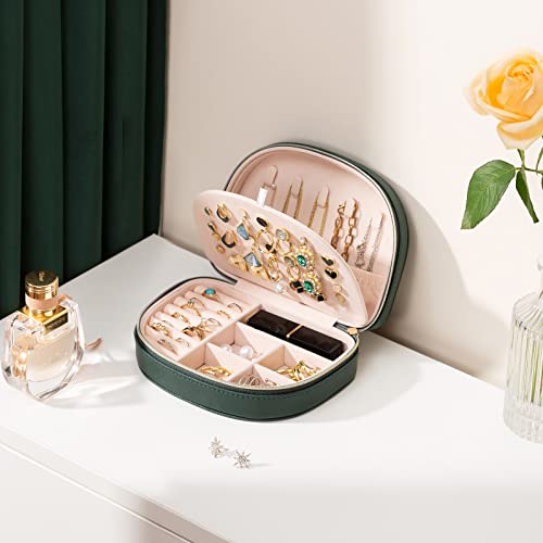 ProCase Travel Jewellery Box Small Organiser for Women Girls Portable 2 Layer Mini Jewelry Storage Case in PU Leather for Earring Necklace Bracelet Ring Holder Box Gifts for Women -Emerald