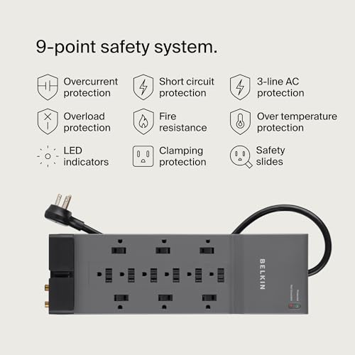 Belkin Power Strip Surge Protector - 12 AC Multiple Outlets & 8 ft Long Flat Plug Heavy Duty Extension Cord for Home Office Travel Computer Desktop Laptop & Phone Charging Brick (3 940 Joules) 3PK