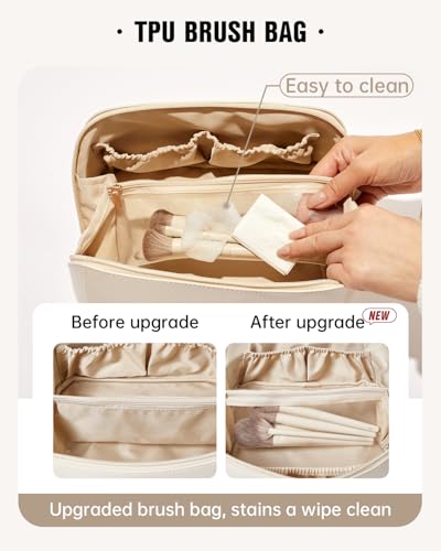 EACHY Travel Makeup Bag Large Capacity Cosmetic Bags for Women Waterproof Portable Pouch Open Flat Toiletry Bag Make up Organizer with Divider and Handle (White Medium)