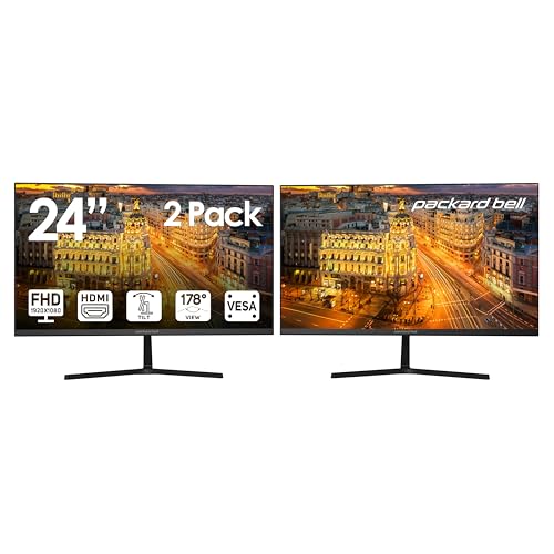 Packard Bell 24\" FHD Monitor 1920x1080 Ultrawide VESA Mount Tilt Adjust HDMI/VGA Slim Bezel for Home Office and Light Gaming - 2 Pack