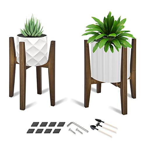 OERGKE 2 PACK Adjustable Plant Stand Indoor Bamboo Mid Century Modern Plants Stands Corner Flower Holder for Living Room Fits 8 to 12 Inches Pots (Pot & Plant Not Included)(Walnut)