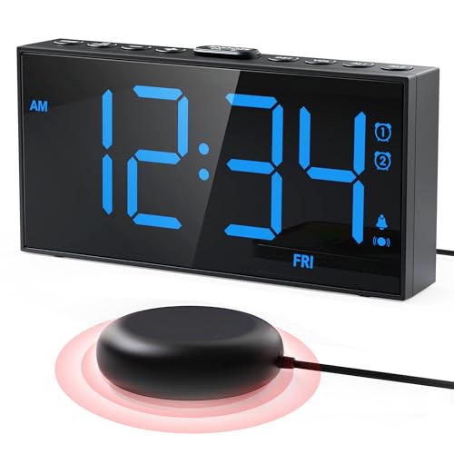 Extra Loud Alarm Clock with Bed Shaker Vibrating Alarm Clock for Heavy Sleepers Hearing-impaired Deaf 2 Alarms 3-level Vibration for Weekday/Everyday Mode 5 Dimmer 5 Volume Big Number Power-off Memory