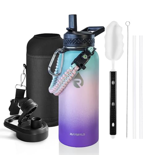 RAYMYLO Insulated Water Bottle 32 oz Triple Wall Vacuum Stainless Steel (Cold for 48 Hrs) Leak Proof & Non-BPA Modern Water Flask Jug with Paracord Handle & Straw Spout Lids Hydrangea