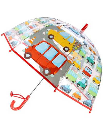 RONIARE Kids Clear Umbrellas for Rain Dome Bubble Umbrella Windproof for Kids Boys and Girls (Car Red)