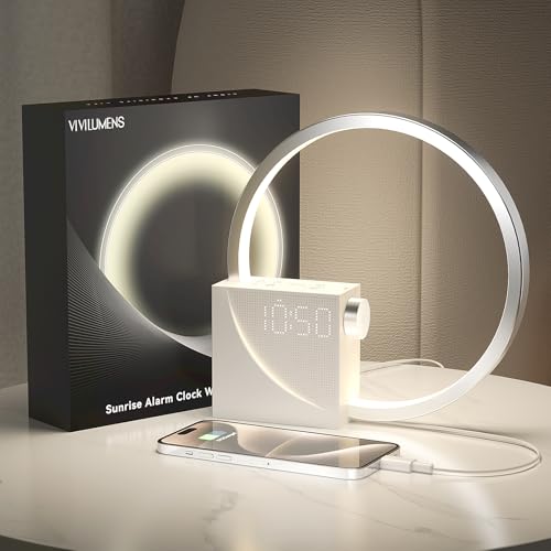 Vivilumens Sunrise Digital Alarm Clock White Noise Sound Machine Sleep Aid Timer with USB Port Dimmable Digital Clocks Display Snooze 10 Ringtones for Heavy Sleepers for Adult Kid