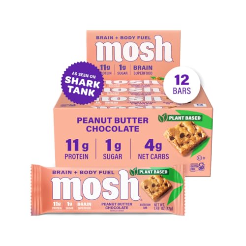 MOSH Peanut Butter Chocolate Plant Based Keto Protein Bars High Protein Gluten Free Brain Healthy Snack with Ashwagandha and Lion's Mane 12 Count