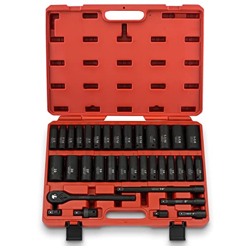 Neiko 02446A 1/2\" Drive Master Impact Socket Set 35 Piece Deep Socket Assortment | Standard SAE (Inch) and Metric Sizes | Includes Ratchet Handle and Extension Bars | Cr-V Steel