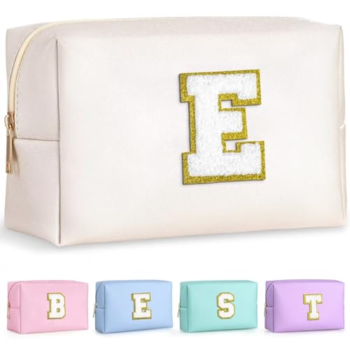 TOPEAST Monogrammed Gift for Women Girls Personalized Initial Makeup Bags Cosmetic Bag with Zipper Cute Makeup Pouch PU Leather Waterproof Toiletry Bag Preppy Gifts Stuff for Girl (White E)