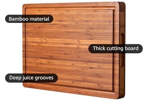 Large Wood Cutting Board for Kitchen 1” Thick Bamboo Cheese Charcuterie Board Butcher Chopping Block with Juice Grooves and Handles